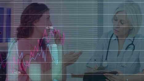 Animation of diagrams and stock market over caucasian female doctor talking with her patient