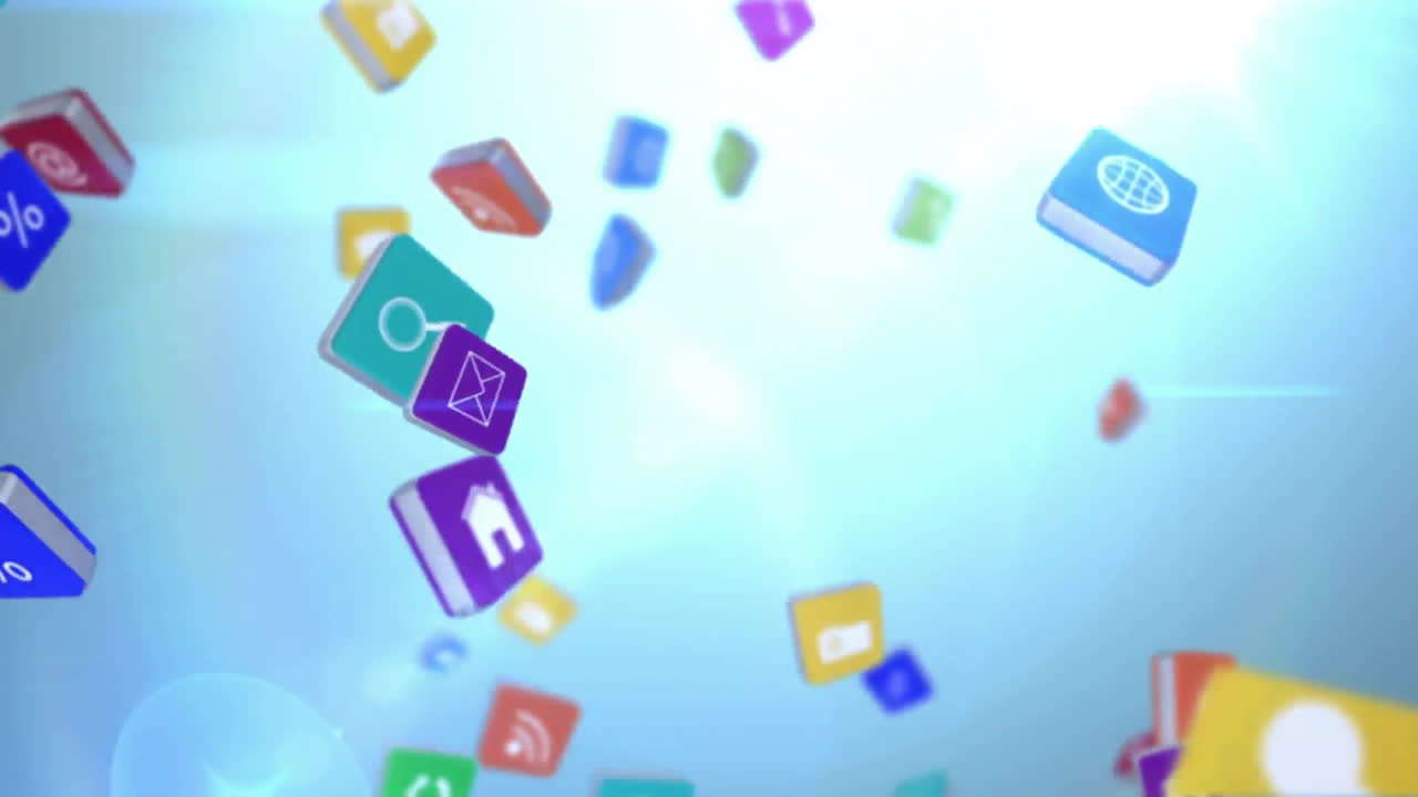 Colorful app icons floating, digital technology animation over blue background