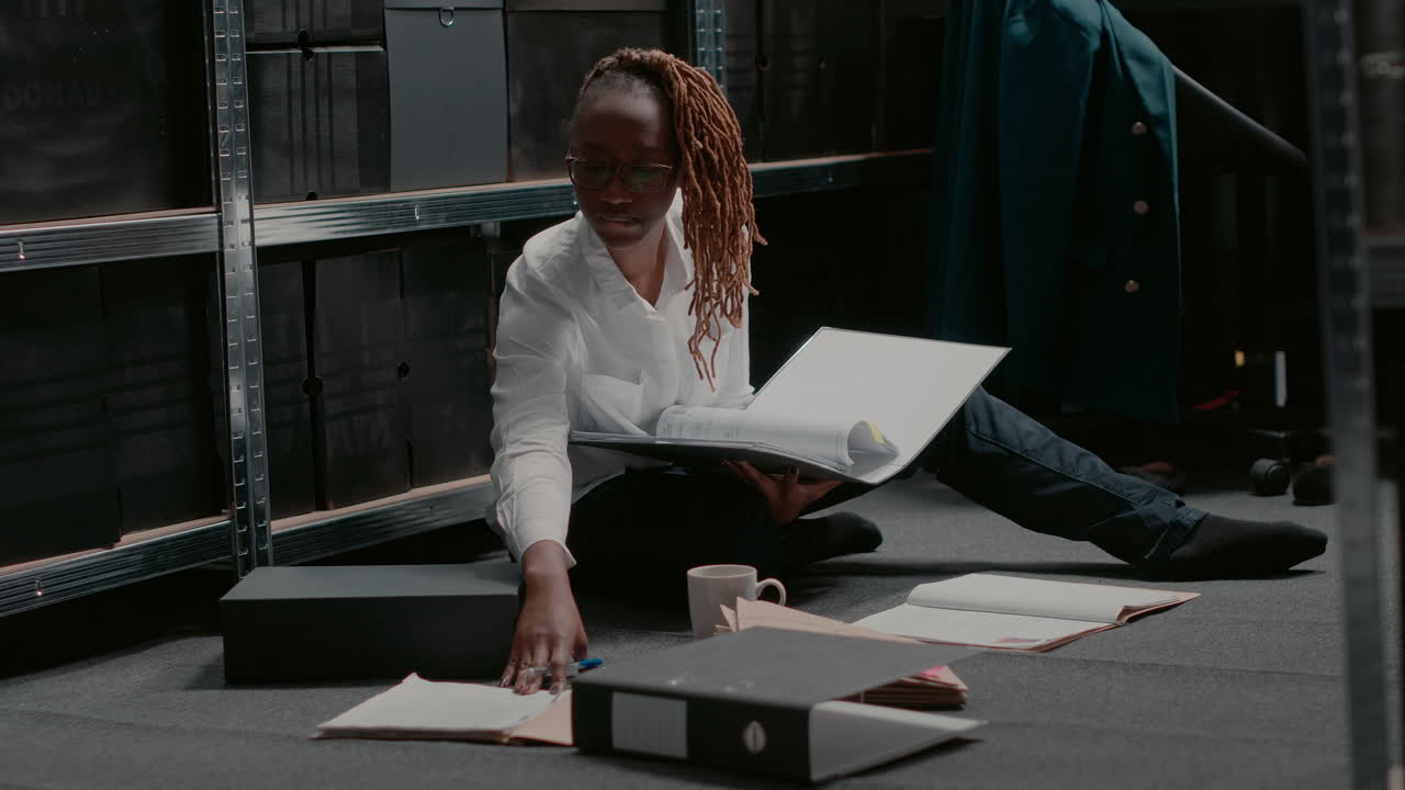 Woman organizing documents in a storage room