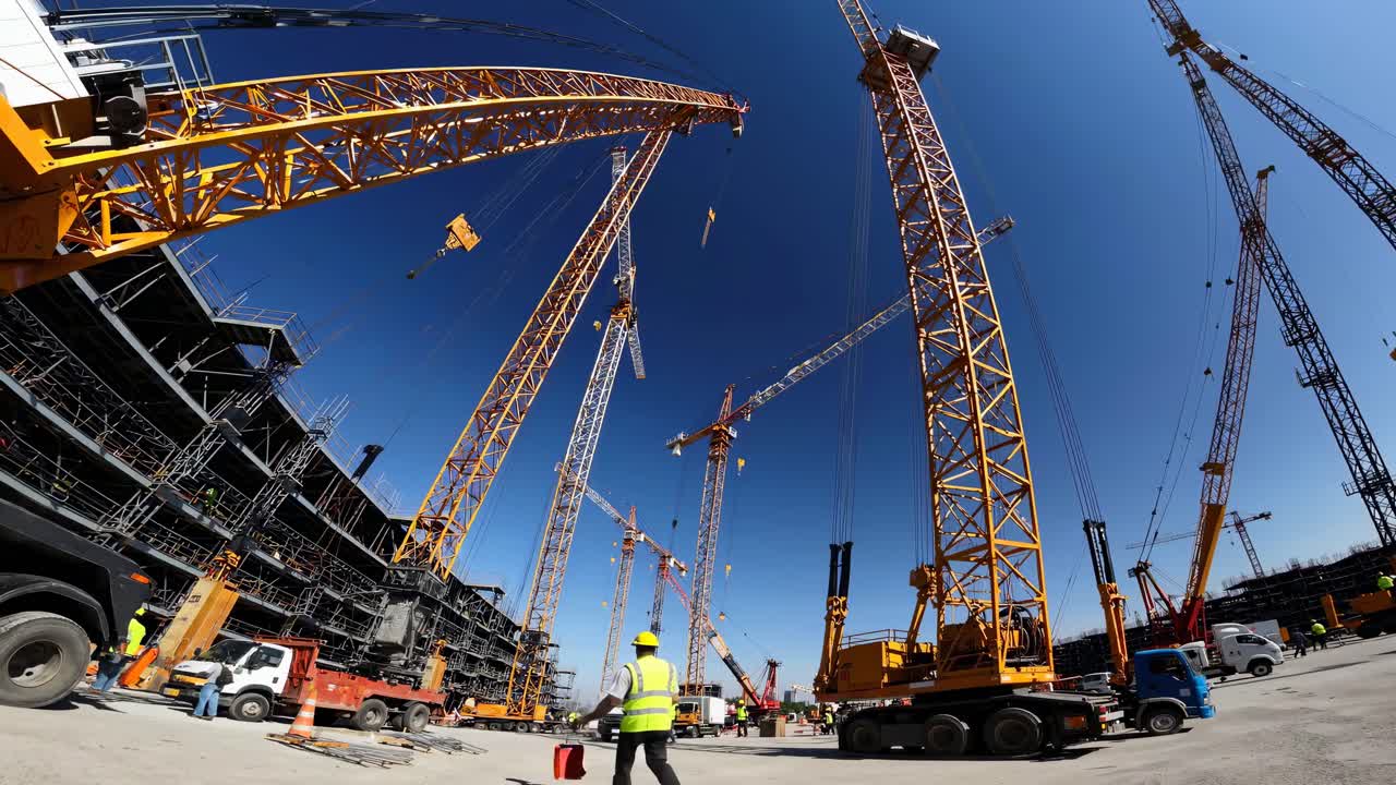 Fisheye view of a construction site with towering cranes and workers, capturing the dynamic