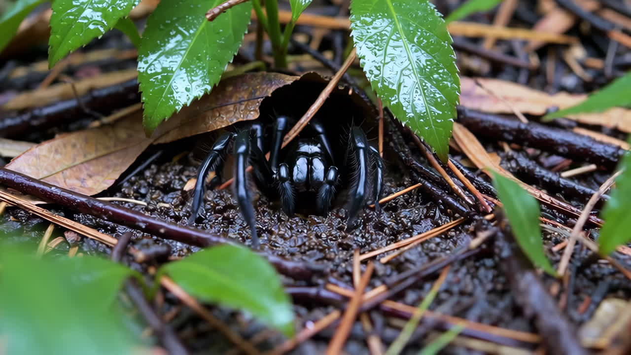 Black Spider in Forest Leaf Litter