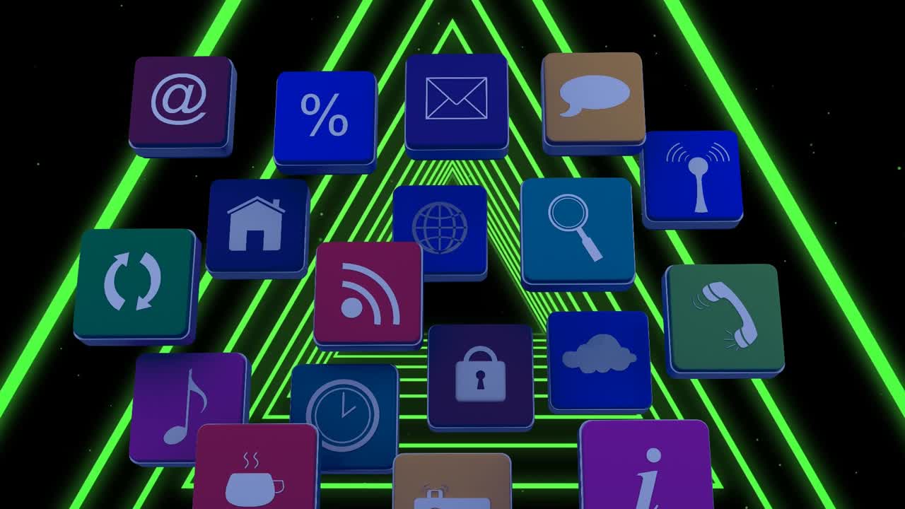 Animazione di icone tecnologiche su triangoli al neon che si muovono su sfondo nero.