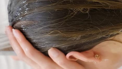 hygienic and beauty treatments, woman enjoying city view when taking shower. closeup view of female head and shoulders, anti-dandruff shampoo and organic cosmetics for hair beauty, rest in hotel