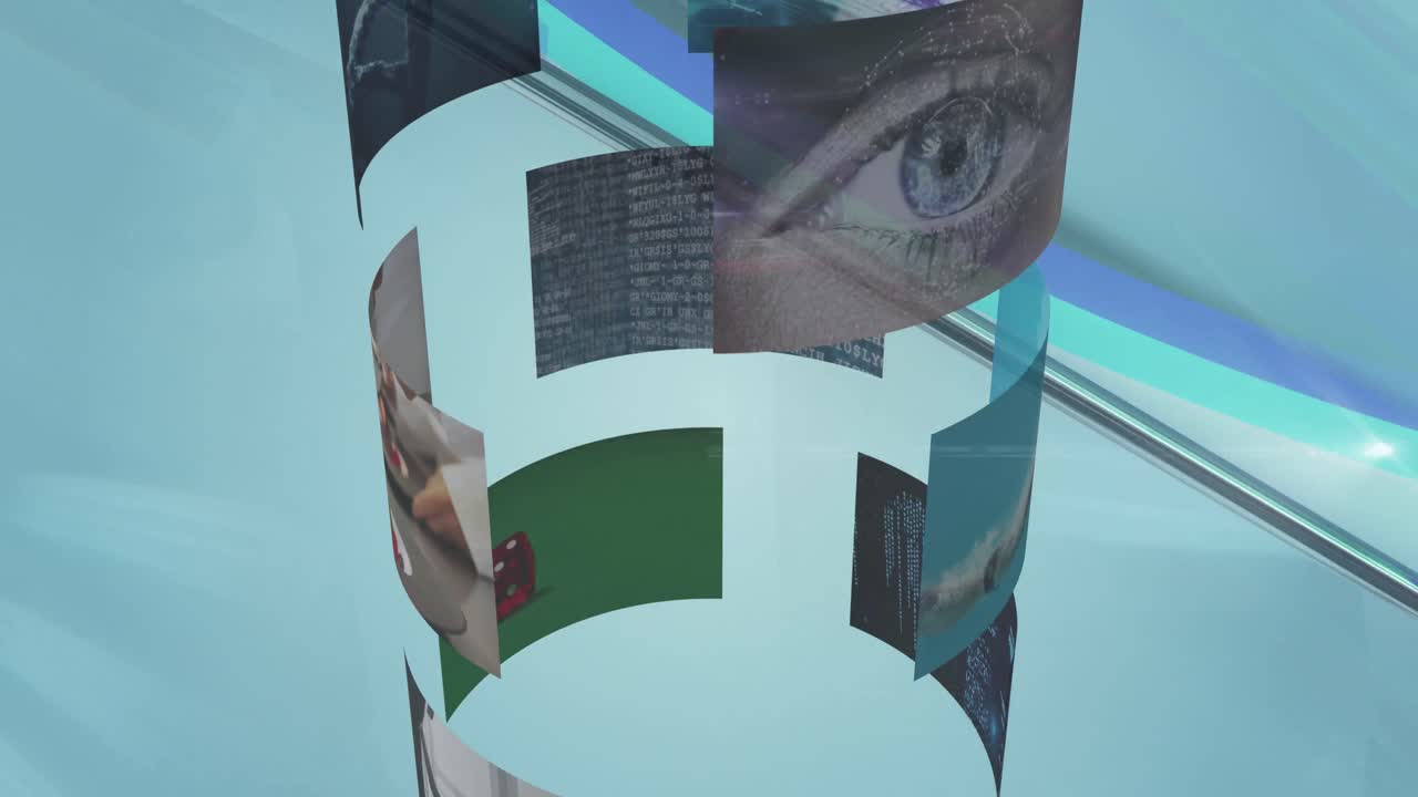 Animation of screens spinning over glowing crystals