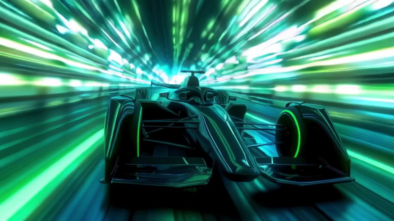 Black racing car speeding in futuristic tunnel with green trails