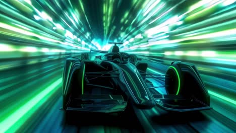 black racing car speeding in futuristic tunnel with green trails