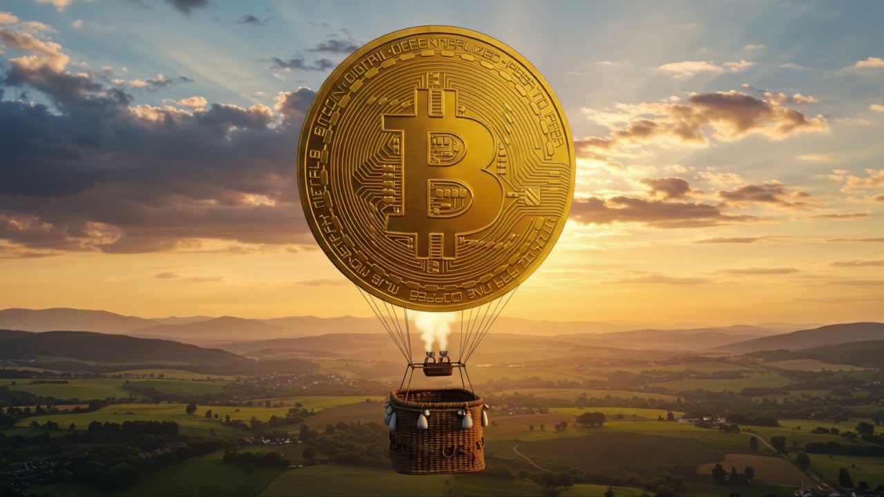 A Stunning Visualization of a Massive Bitcoin Floating in a Hot Air Balloon Against a Breathtaking Sunset Over Lush Green Landscapes, Symbolizing Financial Freedom and Innovation