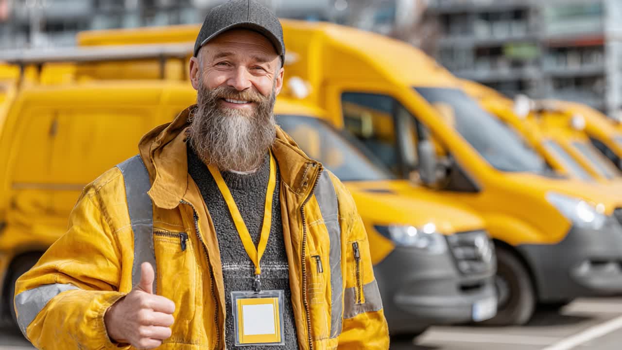 A cheerful worker in a bright yellow jacket stands confidently beside a row of yellow vehicles, giving a thumbs-up while showcasing a sense of teamwork and commitment