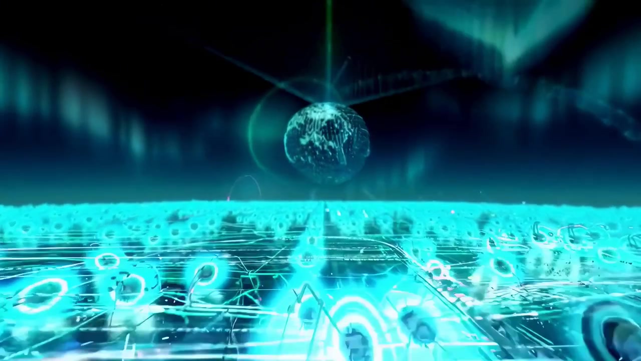 Digital Network Visualization with Glowing Nodes and Earth Globe