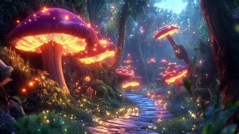 glowing mushroom forest at night
