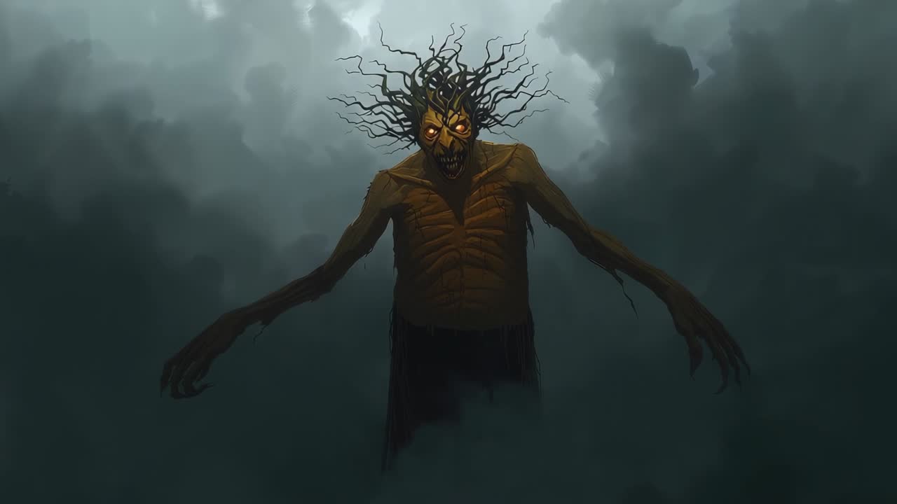 Hovering fog initiating emergence of humanoid figure under storm clouds with glowing orange eyes