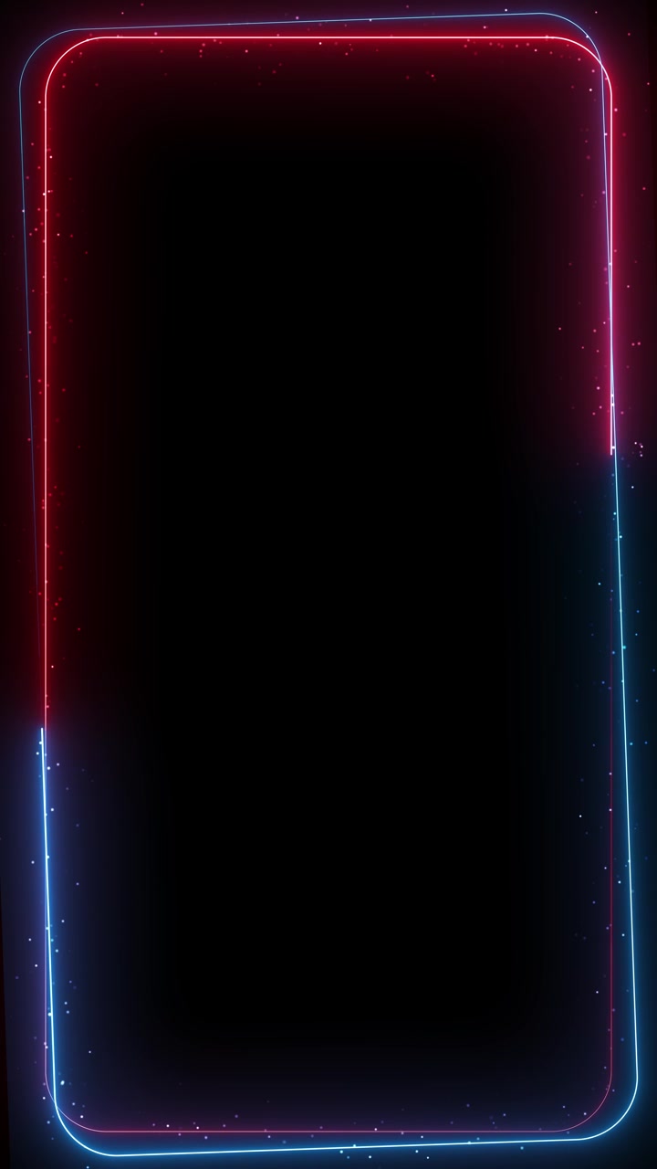 Neon red blue frame background with glowing rounded rectangle dark center copy space and floating