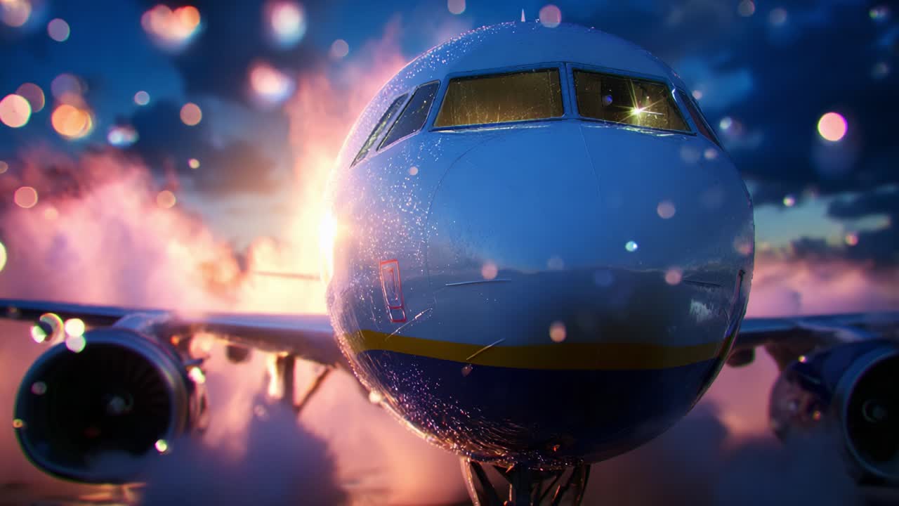 A stunning view of an aircraft captured at twilight, showcasing the detailed features of the nose while surrounded by mist and shimmering bokeh lights, highlighting the beauty of aviation technology