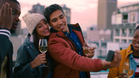 friends, celebration and selfie of rooftop party