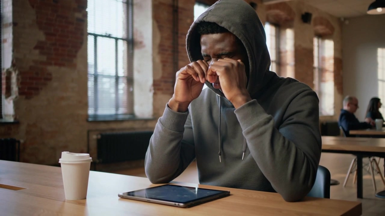 Rubbing hooded man pinching nose, rubbing eyes at coworking cafe from tablet fatigue, with tablet