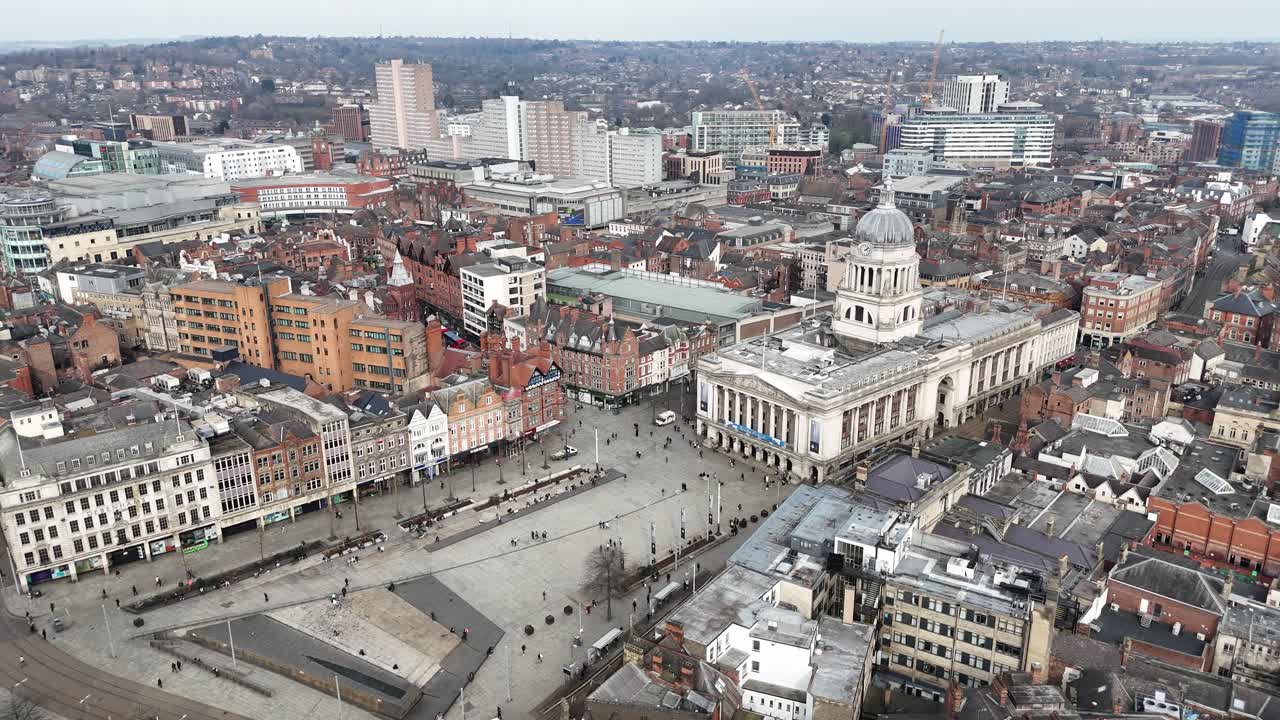 The Old Market Square Nottingham city centre pull back drone aerial reverse reveal