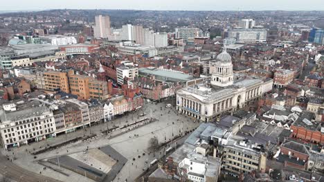 the old market square nottingham city centre pull back drone aerial reverse reveal