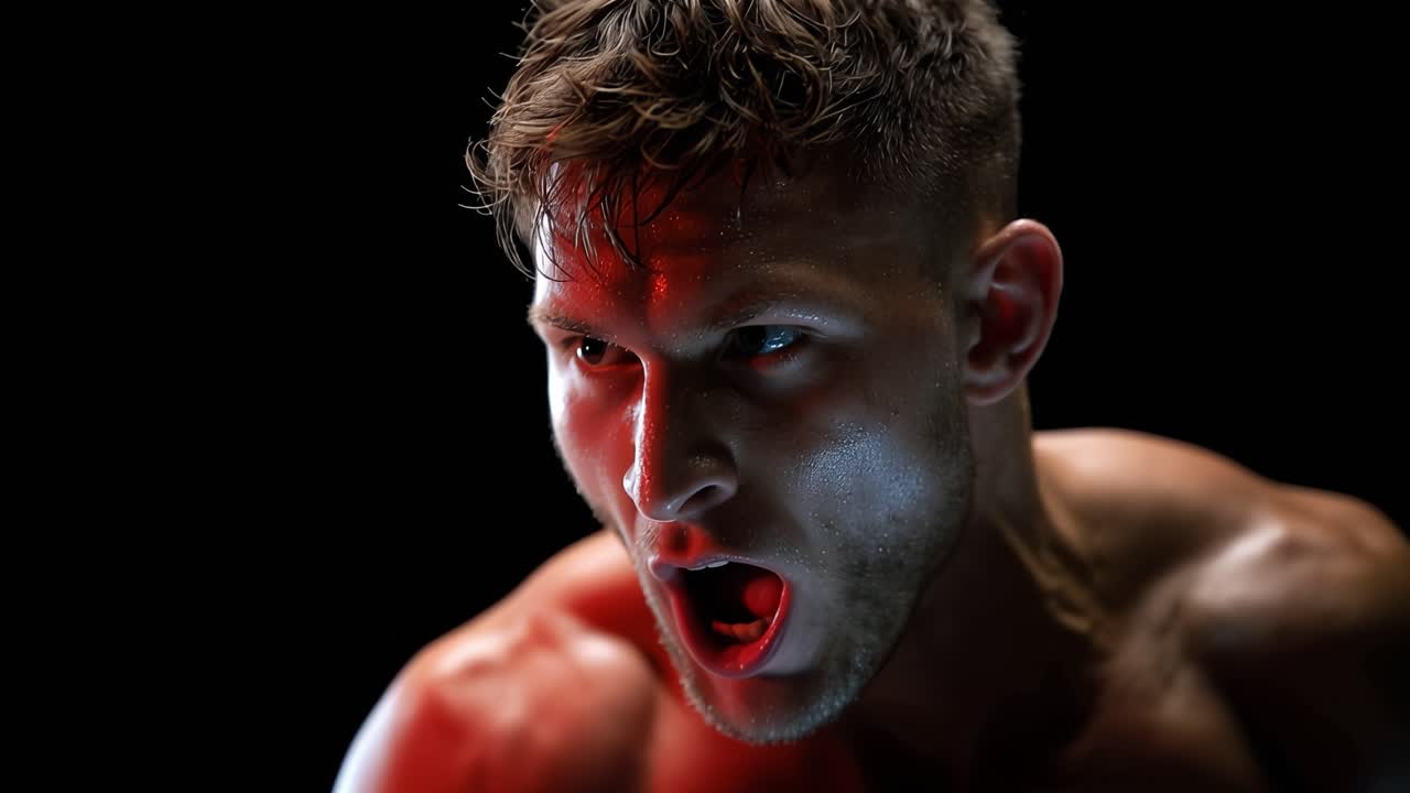 Intense Boxer Captured in Action: A Dynamic Display of Strength, Passion, and Determination in the Ring Highlighted by Dramatic Lighting and Fierce Expression