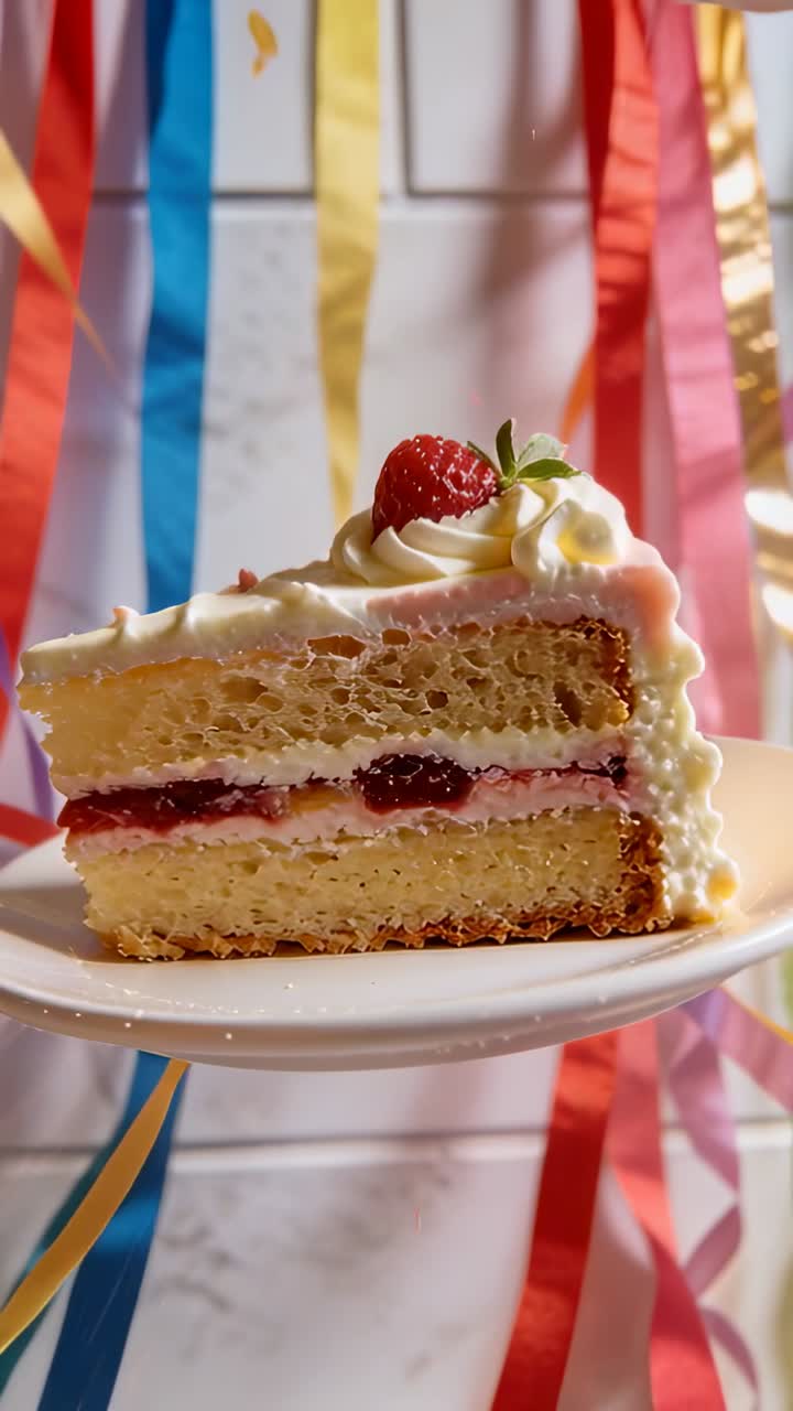 Vertical video: Entering spoon pouring pink glaze onto layered cake with berry rosette for party