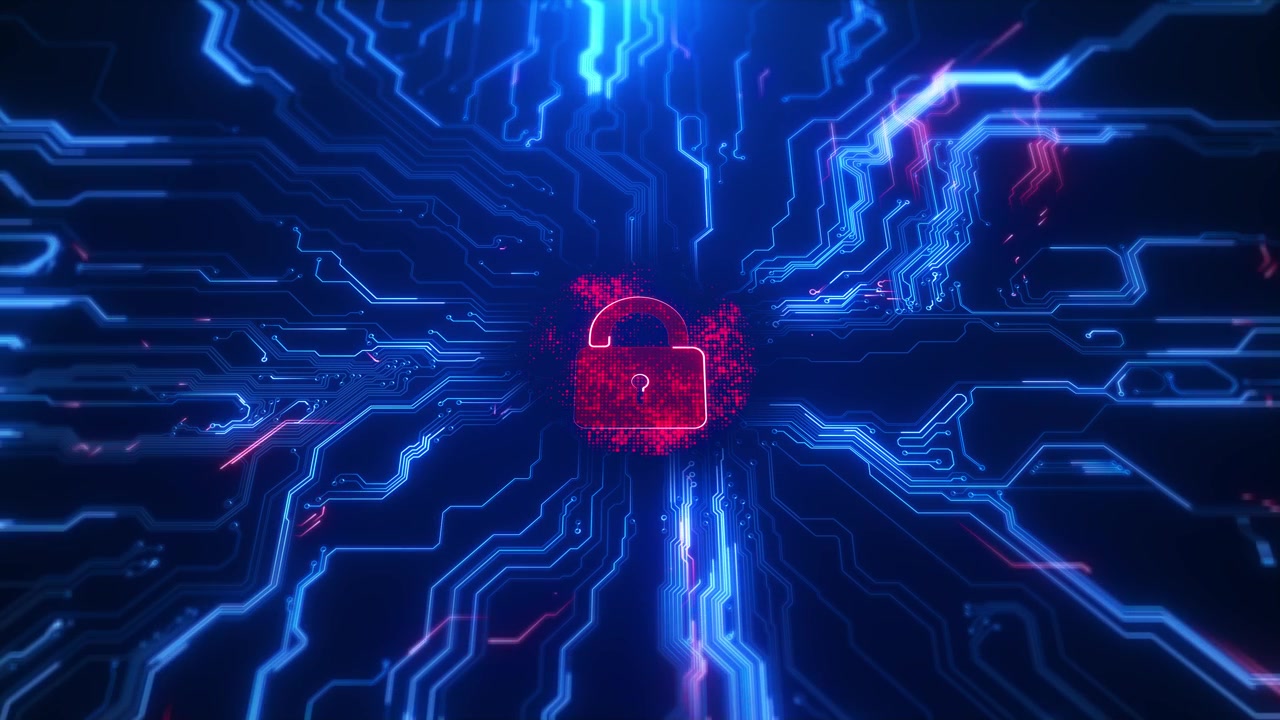 Sfondo di circuito per la sicurezza informatica con lucchetto rosso aperto, linee luminose blu della scheda e sfondo scuro