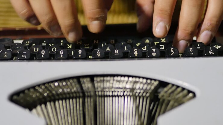 Close Up Over The Top View Of Typist Using Vintage Typewriter Focus On Typist's Fingers