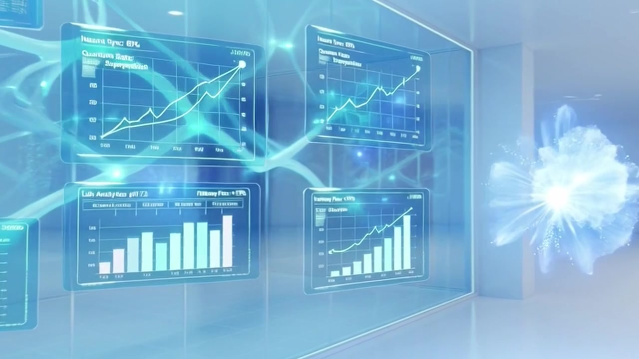Futuristic Digital Data Visualization and Neural Network Interface in Modern Office