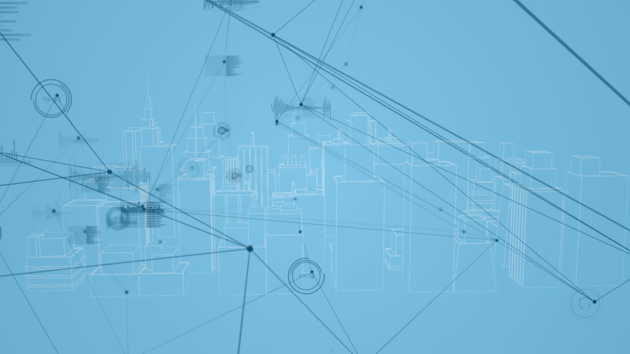 Animation of network of connections and data processing over city on blue background