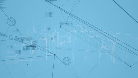 animación de la red de conexiones y procesamiento de datos sobre la ciudad sobre fondo azul