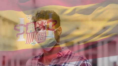 animación de la bandera de españa ondeando sobre un hombre latino con máscara facial en la calle de la ciudad