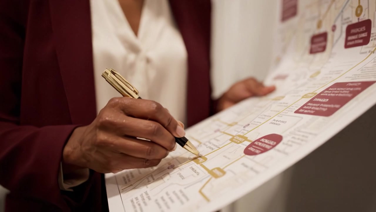 Woman Analyzing Map While Planning Route in Corridor, Demonstrating Focus and Precision with Pen on Paper in Professional Setting