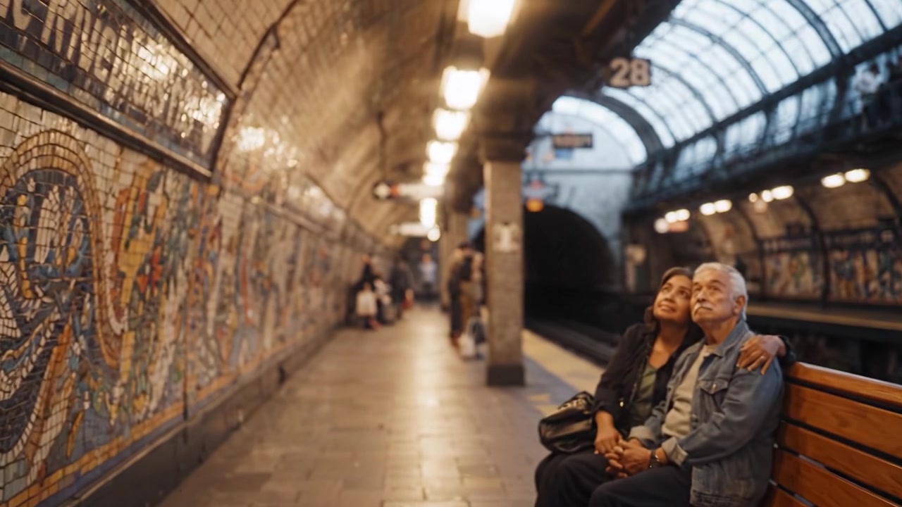Momenti in Metropolitana: Immortalando Connessioni e Solitudine in un Vibrante Ambiente Sotterraneo con Mosaici Colorati e Luci Scintillanti.