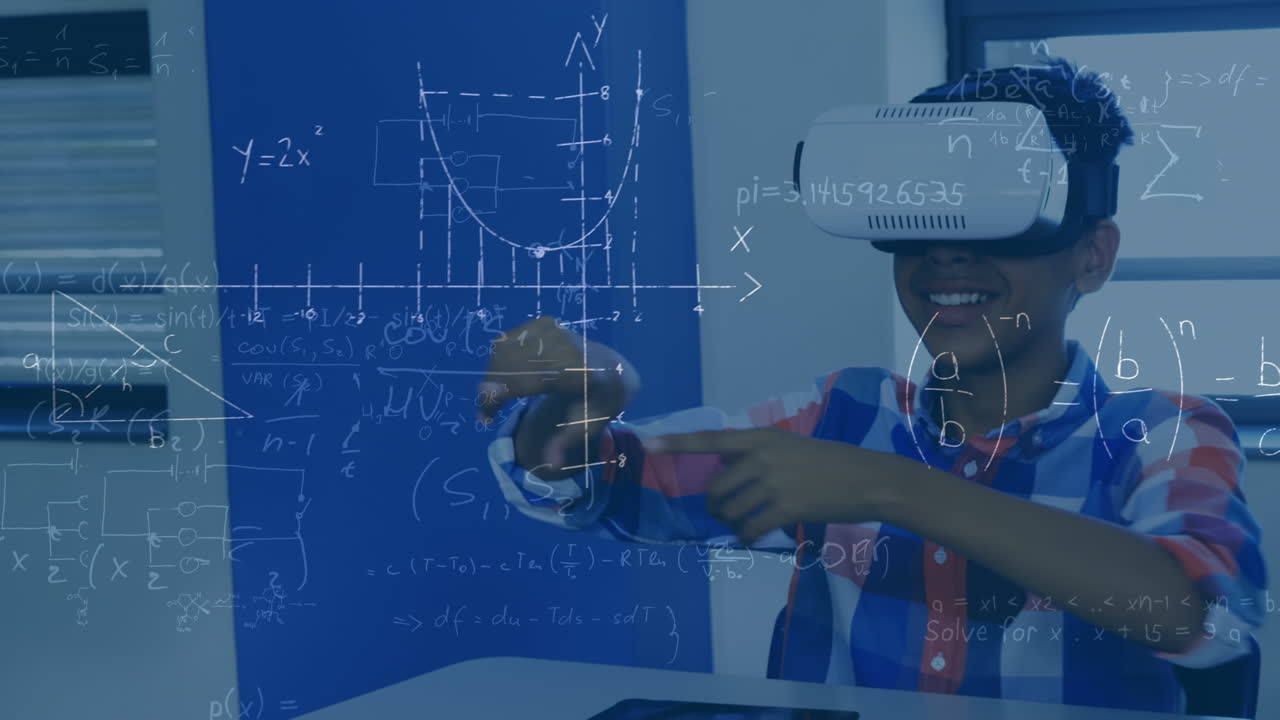 Animation of mathematical equations over african american schoolboy using vr headset