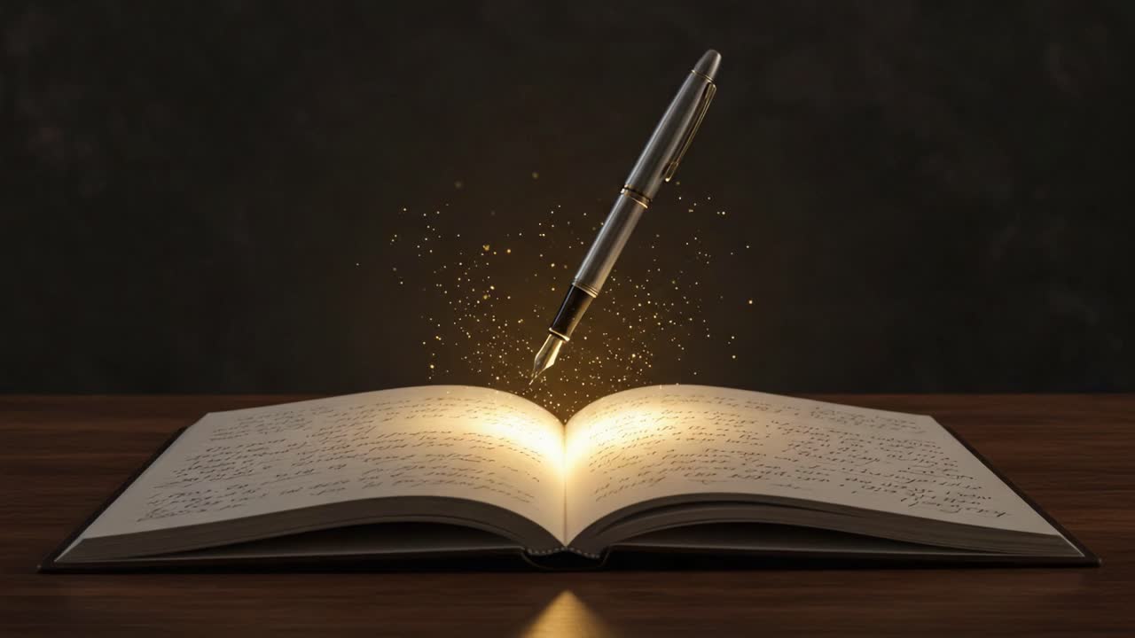 The Magic of Writing: An Enlightening Journey Captured in Two Frames Showing a Pen Illuminating an Open Book with Sparkling Golden Dust