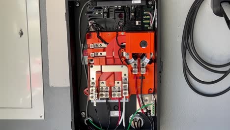 distribution electric board, part of solar panel installation system, close up dolly shot