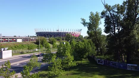 Aerial-drone-footage-of-national-football-stadium-narodowy-of-Warsaw-Poland