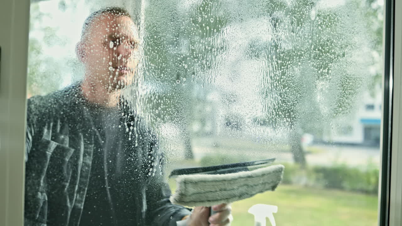 A professional man washes windows in a house. A cleaning company cleans a house and washes windows with detergent by spraying it on the glass