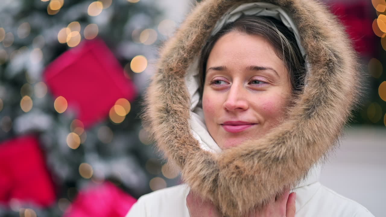 A woman smiles and gestures playfully while standing beside a beautifully decorated Christmas tree. The scene captures the joy of winter celebrations with gifts and lights