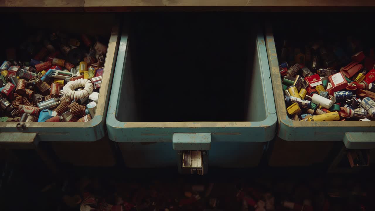 Camera holding shot on wooden shelf, showing empty center bin flanked by film filled blue bins