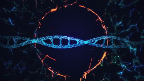 Loop-Dna-Strang-Animation-Auf-Dunkelblauem-Und-Orangefarbenem-Hintergrund-Mit-Leerem-Kreis-In-Der-Mitte