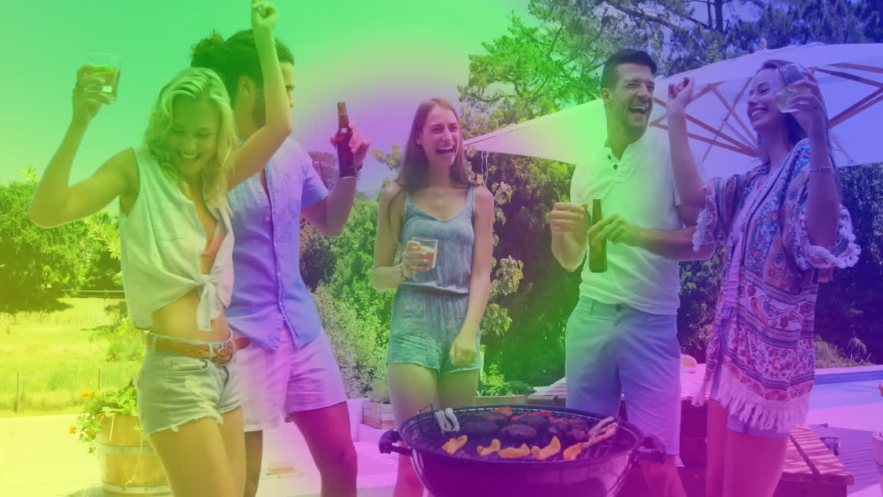 Friends dancing and laughing on patio poolside, with animated grill skewers and marketing stats