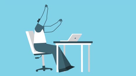 hombre feliz ganador de dibujos animados trabajando en una computadora portátil en el lugar de trabajo. concepto de hurray de negocios. diseño plano animación de bucle aislado de personaje 2d con canal alfa