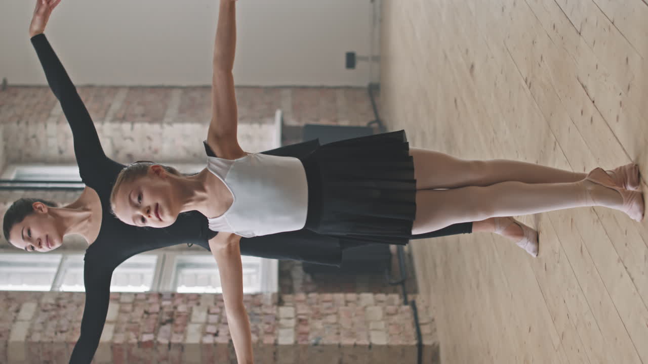 Adult And Little Ballerinas Dancing In Sync