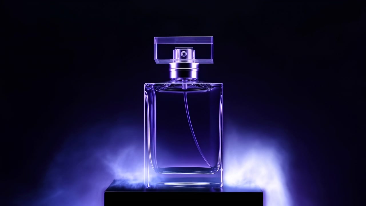 Elegante flacone di profumo su piedistallo, retroilluminazione viola e fumo che si disperde creano uno scatto di prodotto di lusso suggestivo