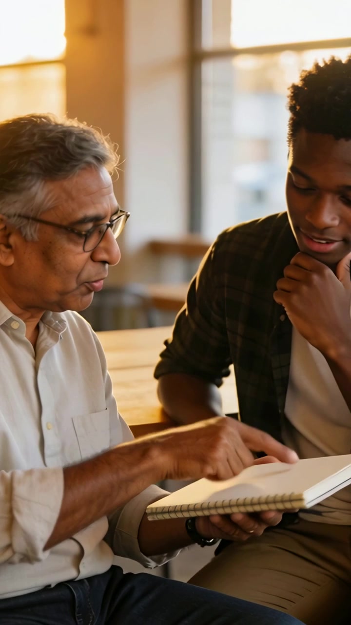Vertical video: Pointing senior with specs guiding mentee in plaid at cafe, reading spiral notebook