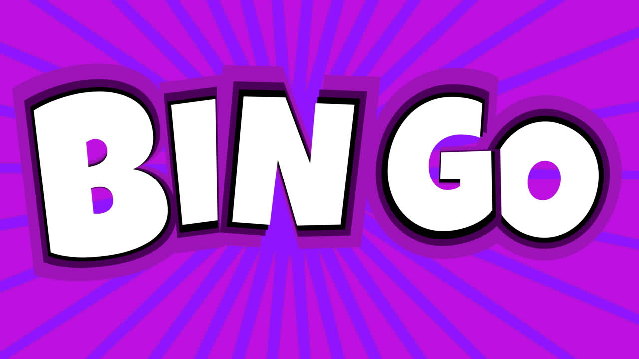 Animazione della scritta "bingo" su sfondo a strisce viola.
