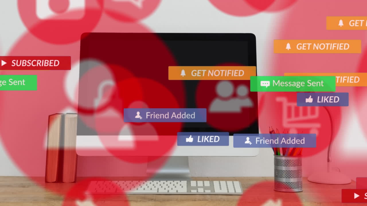 노트북 위에 떨어지는 소셜 미디어 아이콘의 애니메이션