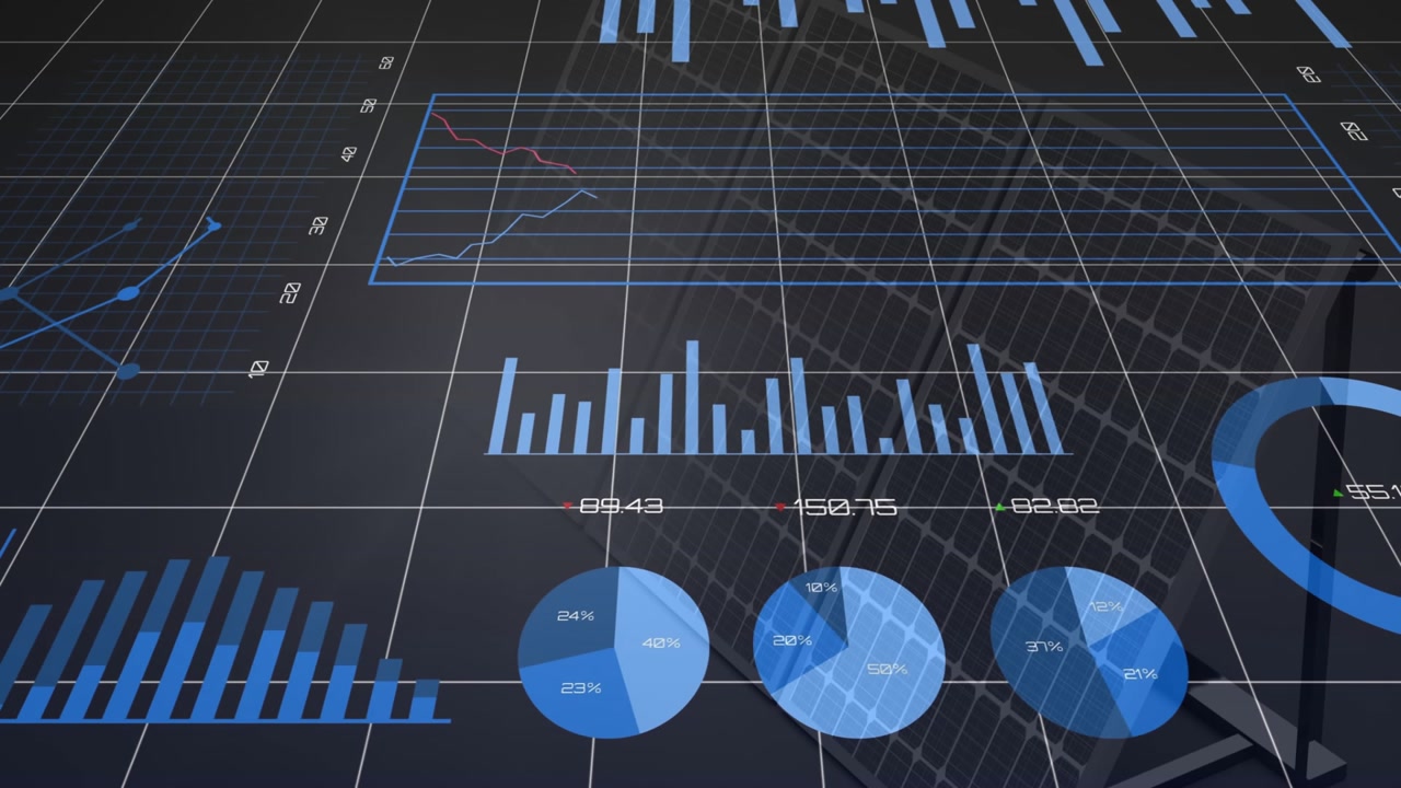 Camera panning upward data hub revealing rotating pies, donut forming labels updating for analytics
