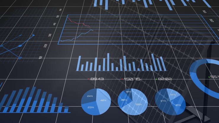 Camera panning upward data hub revealing rotating pies, donut forming labels updating for analytics