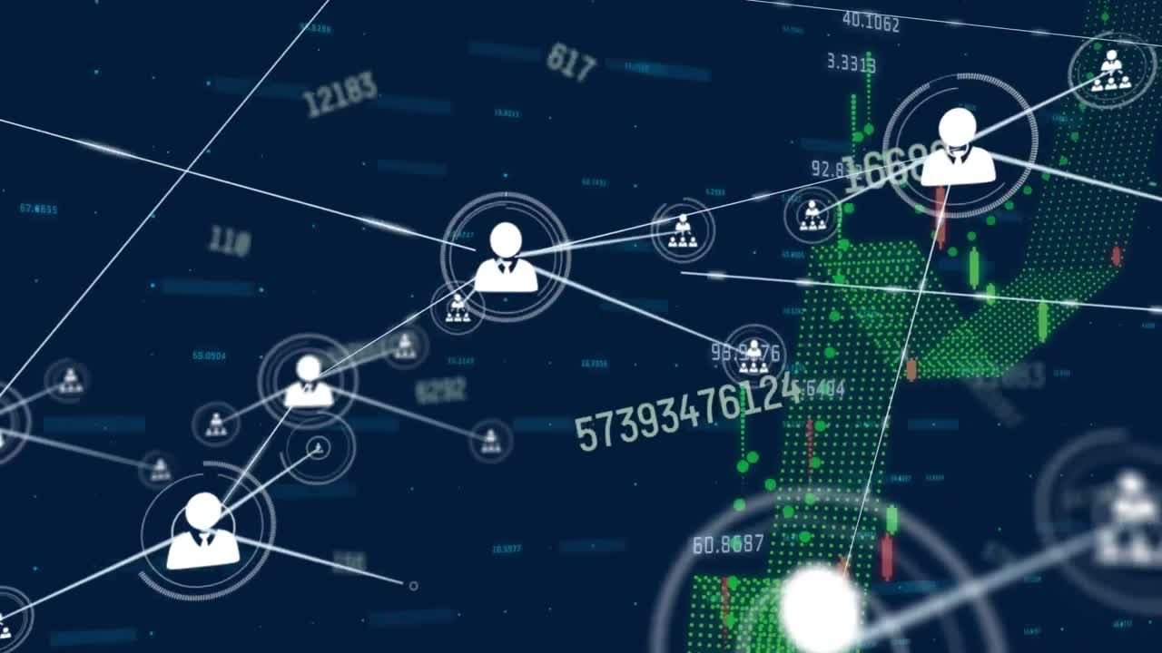 Animation of networks of connections and data processing over black background