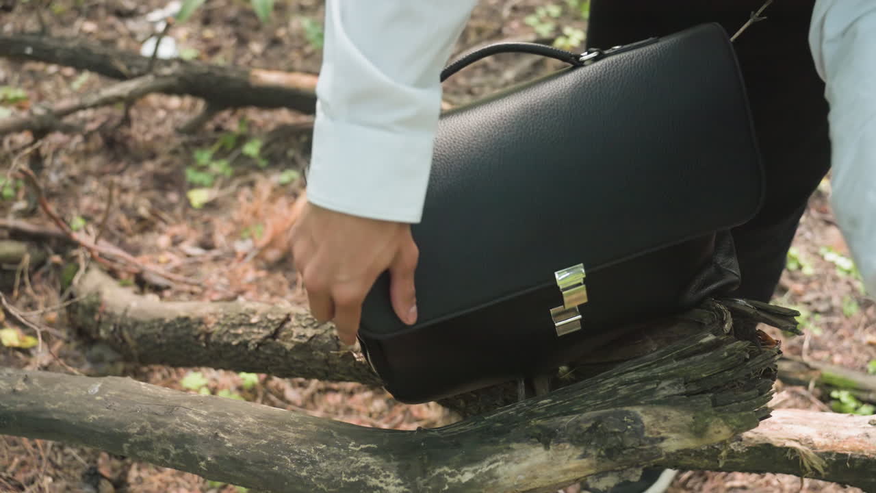 Close-up view of ecologist in white shirt placing white coat inside black bag resting on fallen tree in forest, surrounded by greenery and natural sunlight creating woodland atmosphere